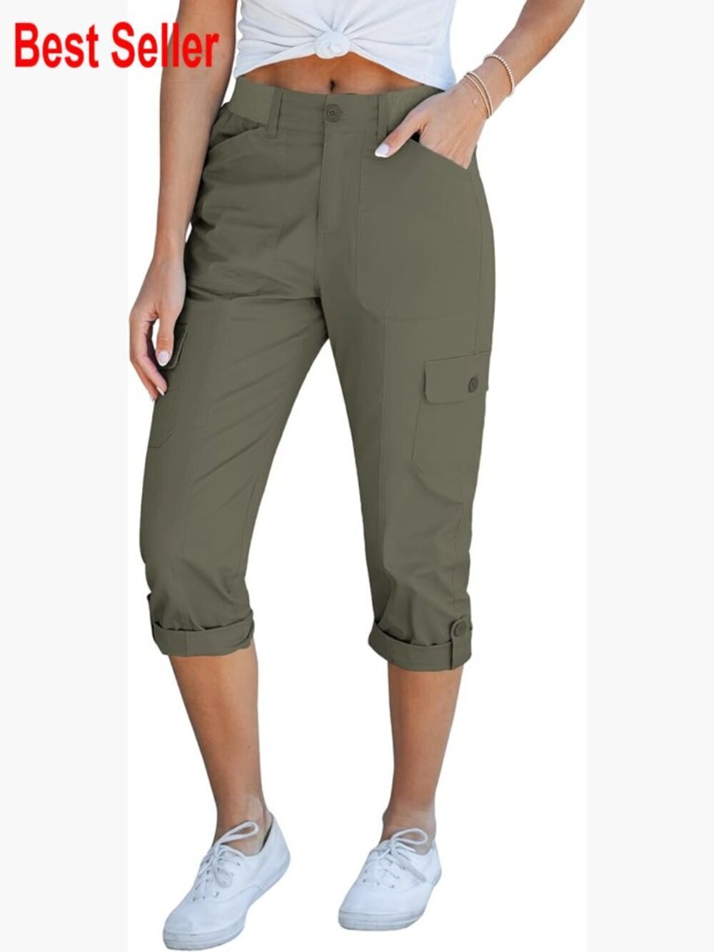 High Waisted Cargo Capri Pants Relaxed Fit Elastic Waist Casual Cropped